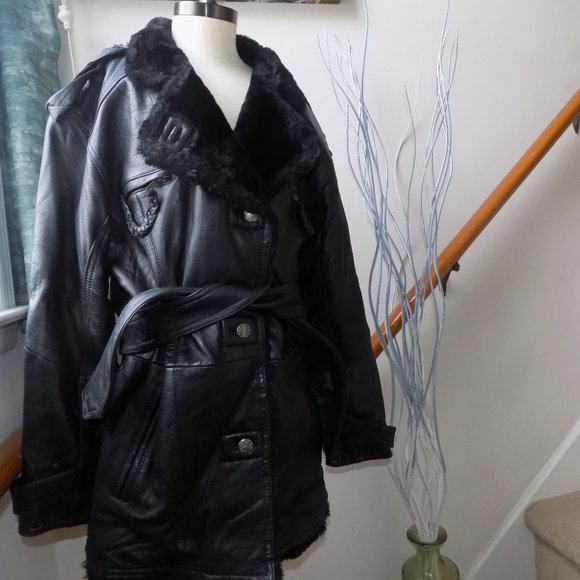 Genuine Leather Black Fur Vintage Coat Women's Size M - Picture 2 of 7